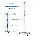 Portasuero con ruedas ajustable de acero inoxidable – 4 ganchos - Imagen 2