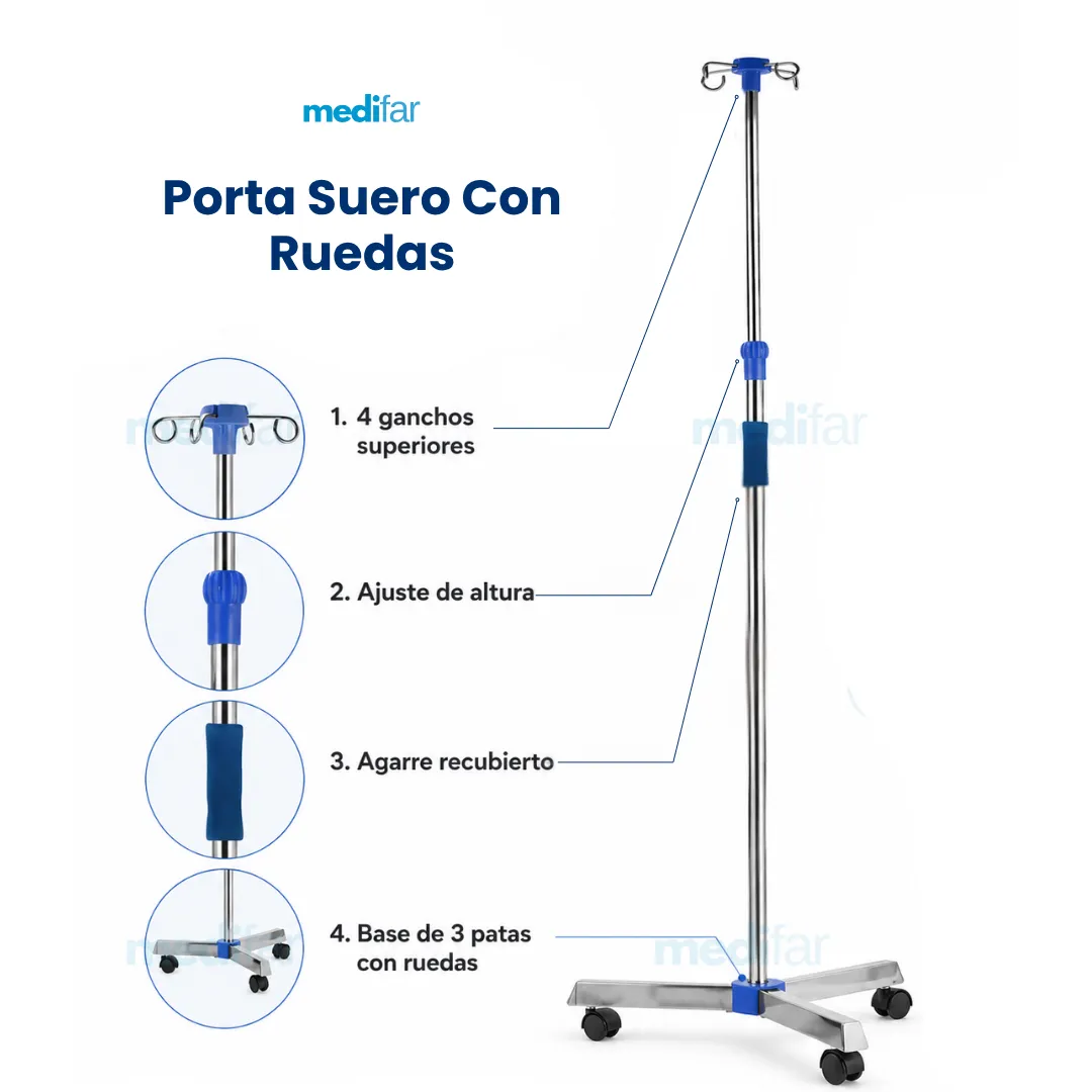 Portasuero con ruedas ajustable de acero inoxidable – 4 ganchos - Imagen 2