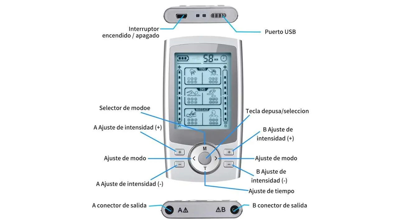 Estimulador Muscular Tens-Ems Grado Médico 36 Modos con Batería Interna Recargable y Enchufe Incluido - Imagen 3