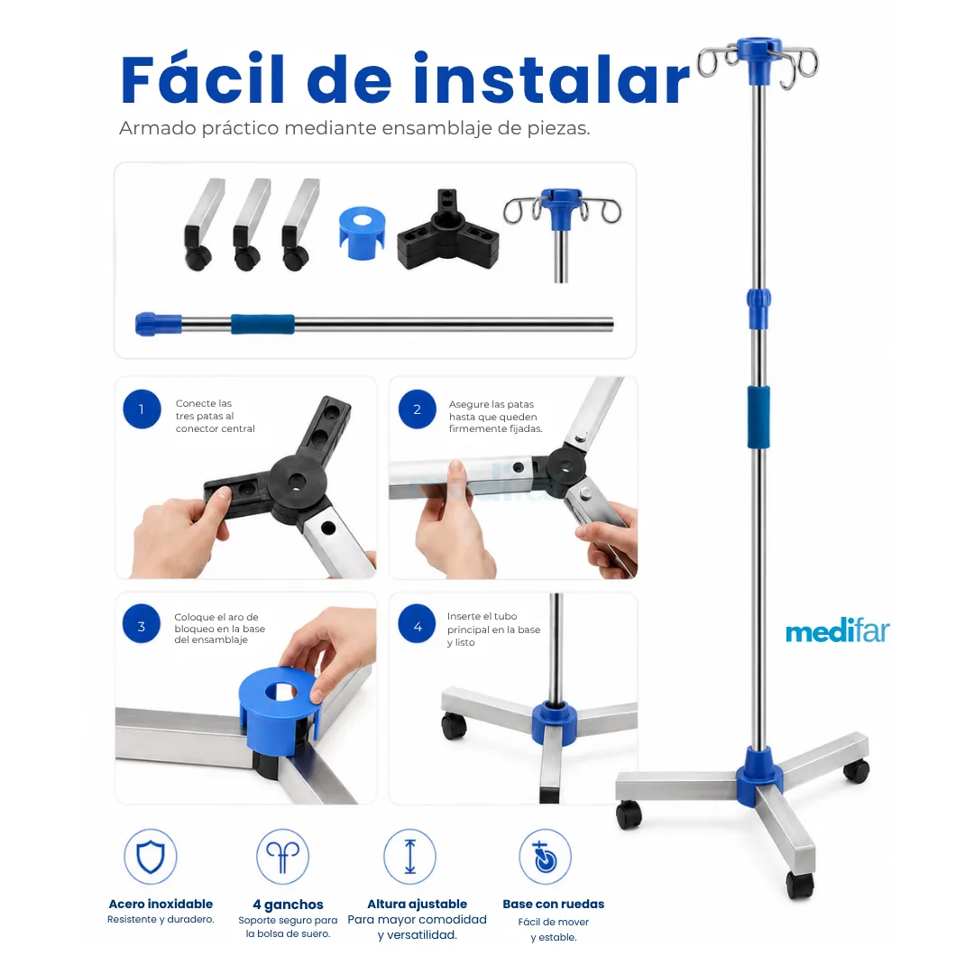Portasuero con ruedas ajustable de acero inoxidable – 4 ganchos - Imagen 3